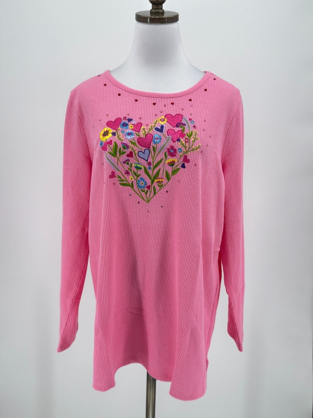 Quacker Factory Queen of Hearts Pink Waffle Knit Long Sleeve Top Sz 1X NEW